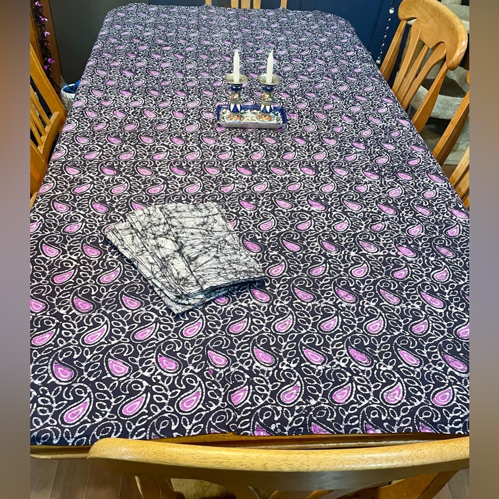 Rare Handmade Batik Tapestry Table Linens Lg Tablecloth 54"x86" Napkins 22"x22"
